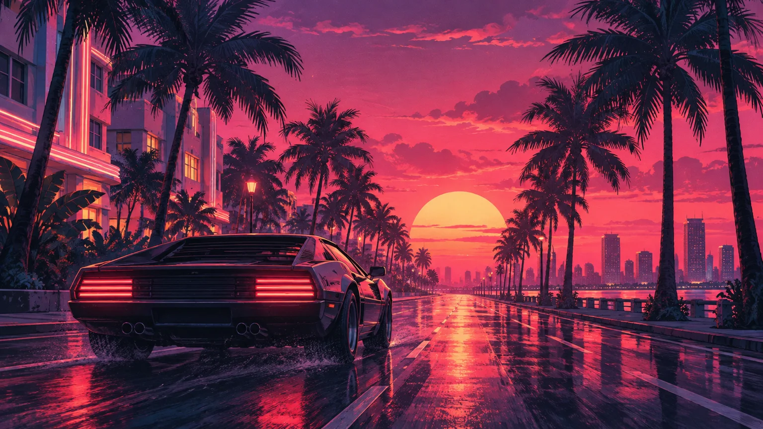 Illustration originale d’une voiture dans une avenue bordée de palmiers au coucher du soleil